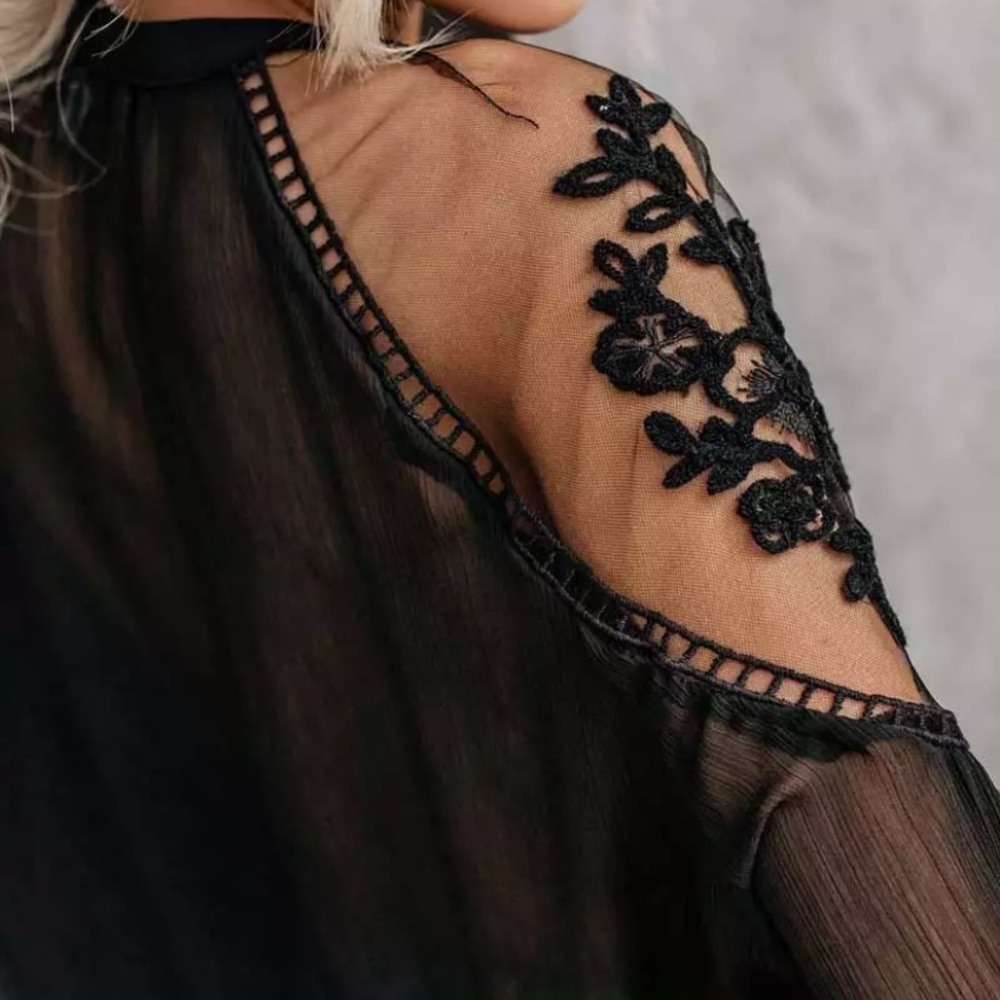 SOLD OUT Black Lace Sheer Tie Front Peasant Boho Top Blouse - Picture 3 of 4